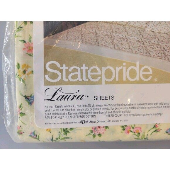 VTG NOS Statepride Twin Flat Bed Sheet Floral Yellow Pink Blue Scalloped Edge - Picture 4 of 6